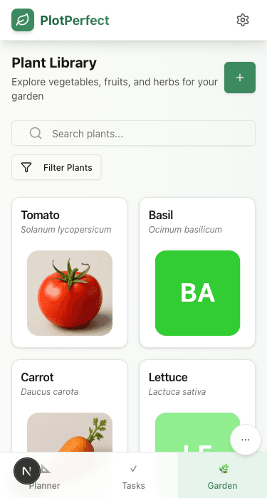 Plant library with browsable plants and timing information